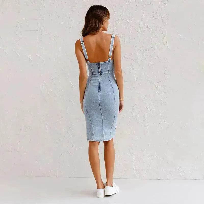New U-neck Suspender Denim Dress Summer Casual Tight Slim Fit Dresses With Slit Design Womens Clothing - EX-STOCK Canada