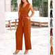 New V-neck Sleeveless Long Jumpsuit With Pockets And Lace-up Design Wide-leg Straight Trousers Summer Womens Clothing - EX-STOCK CANADA