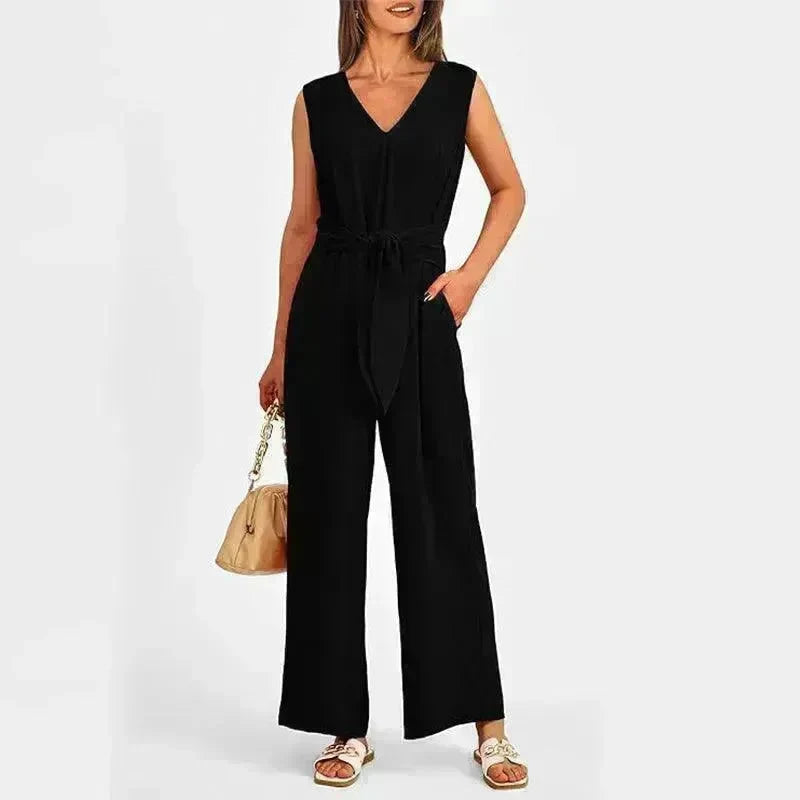 New V-neck Sleeveless Long Jumpsuit With Pockets And Lace-up Design Wide-leg Straight Trousers Summer Womens Clothing - EX-STOCK CANADA