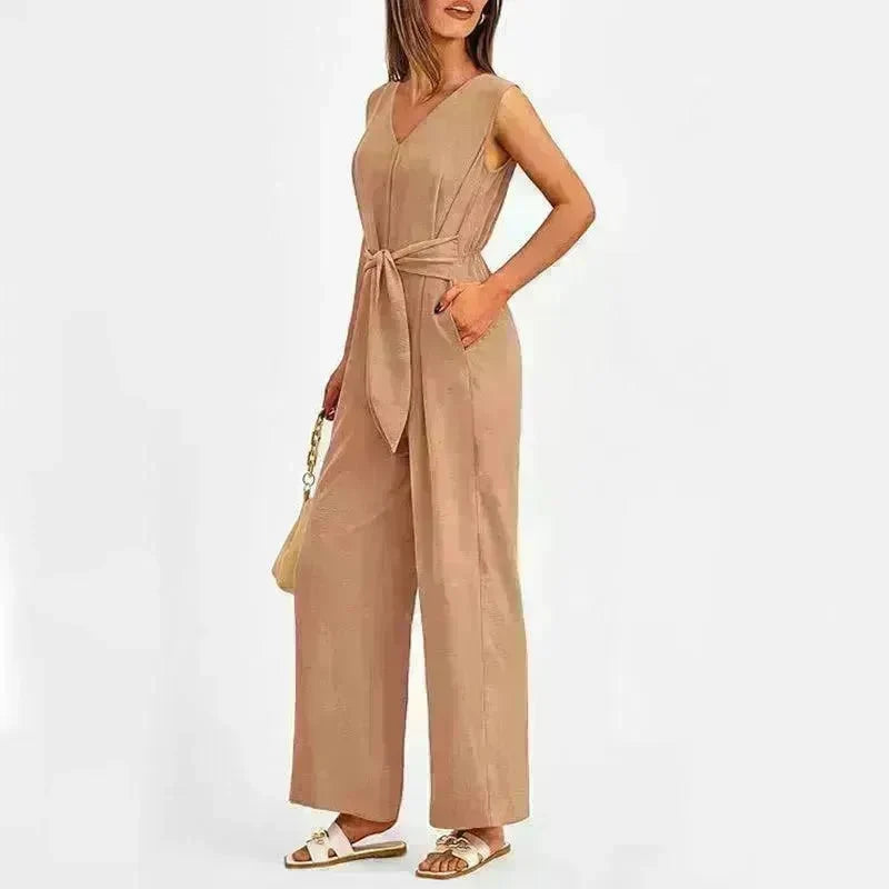 New V-neck Sleeveless Long Jumpsuit With Pockets And Lace-up Design Wide-leg Straight Trousers Summer Womens Clothing - EX-STOCK CANADA