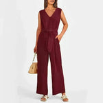 New V-neck Sleeveless Long Jumpsuit With Pockets And Lace-up Design Wide-leg Straight Trousers Summer Womens Clothing - EX-STOCK CANADA