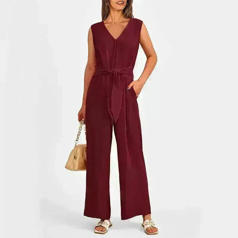 New V-neck Sleeveless Long Jumpsuit With Pockets And Lace-up Design Wide-leg Straight Trousers Summer Womens Clothing - EX-STOCK CANADA