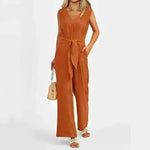 New V-neck Sleeveless Long Jumpsuit With Pockets And Lace-up Design Wide-leg Straight Trousers Summer Womens Clothing - EX-STOCK CANADA