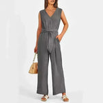 New V-neck Sleeveless Long Jumpsuit With Pockets And Lace-up Design Wide-leg Straight Trousers Summer Womens Clothing - EX-STOCK CANADA