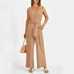 New V-neck Sleeveless Long Jumpsuit With Pockets And Lace-up Design Wide-leg Straight Trousers Summer Womens Clothing - EX-STOCK CANADA
