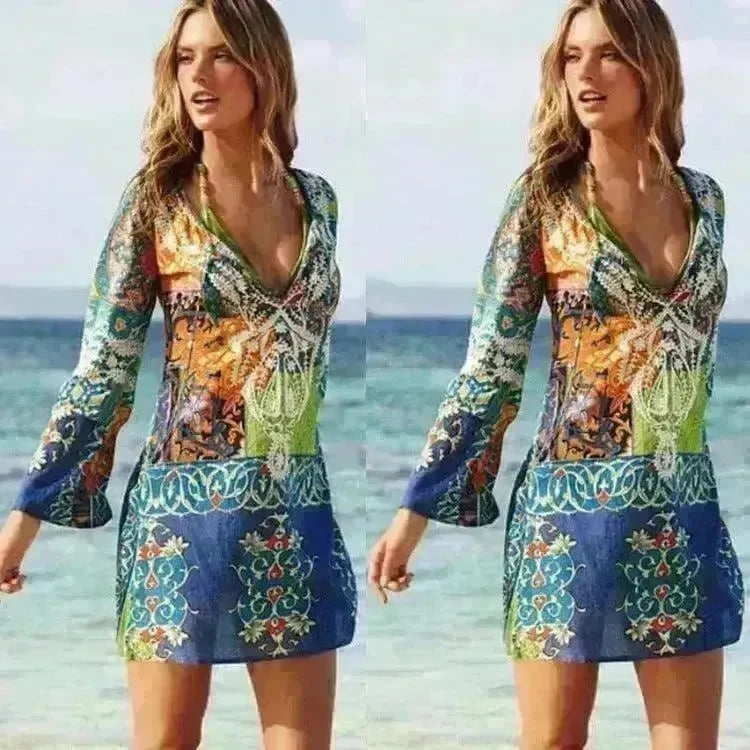 New Women'S Wear Europe And America Sexy V-Neck Chiffon Long Sleeve Printed Beach Skirt Skirt - EX-STOCK CANADA