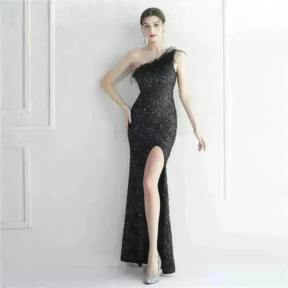 Ostrich Feather Off-shoulder Collar Sequined Dress Long Evening Gown - EX-STOCK CANADA