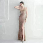 Ostrich Feather Off-shoulder Collar Sequined Dress Long Evening Gown - EX-STOCK CANADA