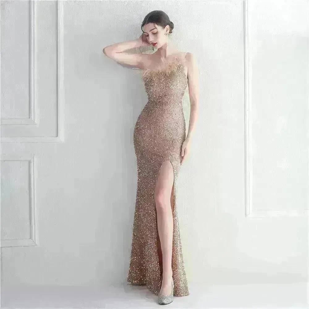 Ostrich Feather Off-shoulder Collar Sequined Dress Long Evening Gown - EX-STOCK CANADA