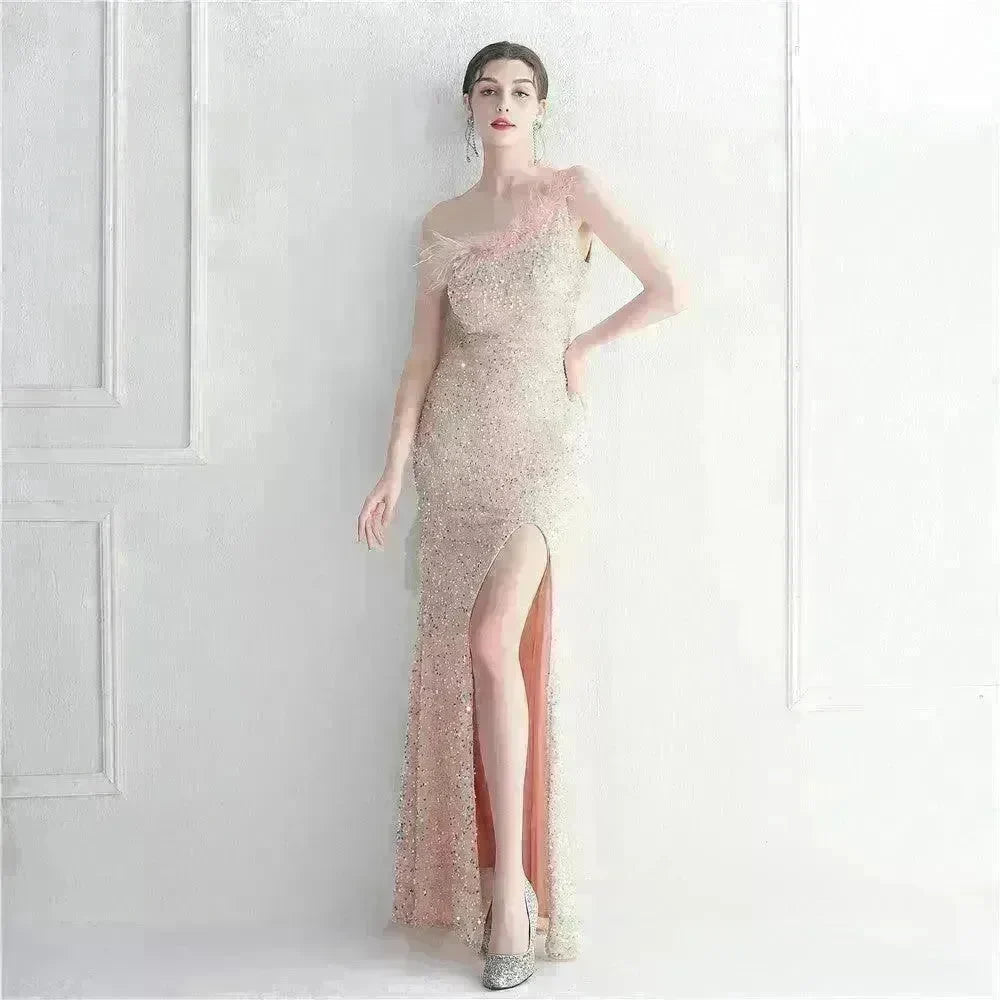 Ostrich Feather Off-shoulder Collar Sequined Dress Long Evening Gown - EX-STOCK CANADA