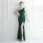 Ostrich Feather Off-shoulder Collar Sequined Dress Long Evening Gown - EX-STOCK CANADA