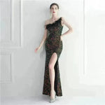 Ostrich Feather Off-shoulder Collar Sequined Dress Long Evening Gown - EX-STOCK CANADA