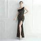 Ostrich Feather Off-shoulder Collar Sequined Dress Long Evening Gown - EX-STOCK CANADA