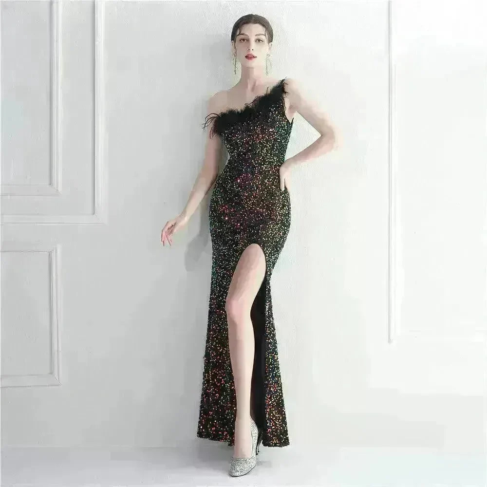Ostrich Feather Off-shoulder Collar Sequined Dress Long Evening Gown - EX-STOCK CANADA