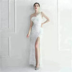 Ostrich Feather Off-shoulder Collar Sequined Dress Long Evening Gown - EX-STOCK CANADA