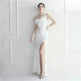Ostrich Feather Off-shoulder Collar Sequined Dress Long Evening Gown - EX-STOCK CANADA