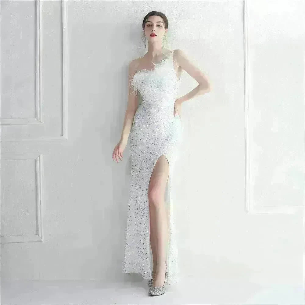 Ostrich Feather Off-shoulder Collar Sequined Dress Long Evening Gown - EX-STOCK CANADA