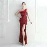 Ostrich Feather Off-shoulder Collar Sequined Dress Long Evening Gown - EX-STOCK CANADA
