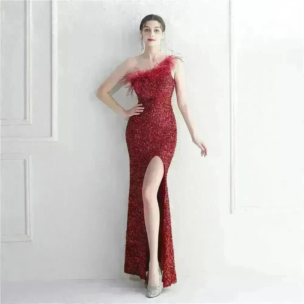 Ostrich Feather Off-shoulder Collar Sequined Dress Long Evening Gown - EX-STOCK CANADA