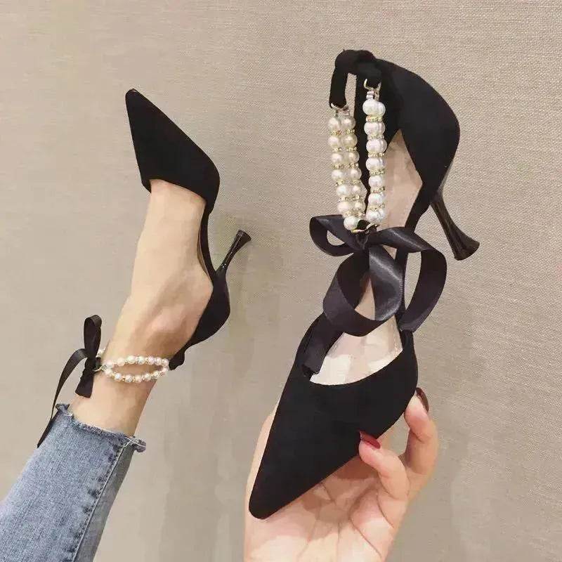 Pearl Ankle Strap High Heels Trendy Pointed Toe Stiletto Shoes - EX-STOCK Canada