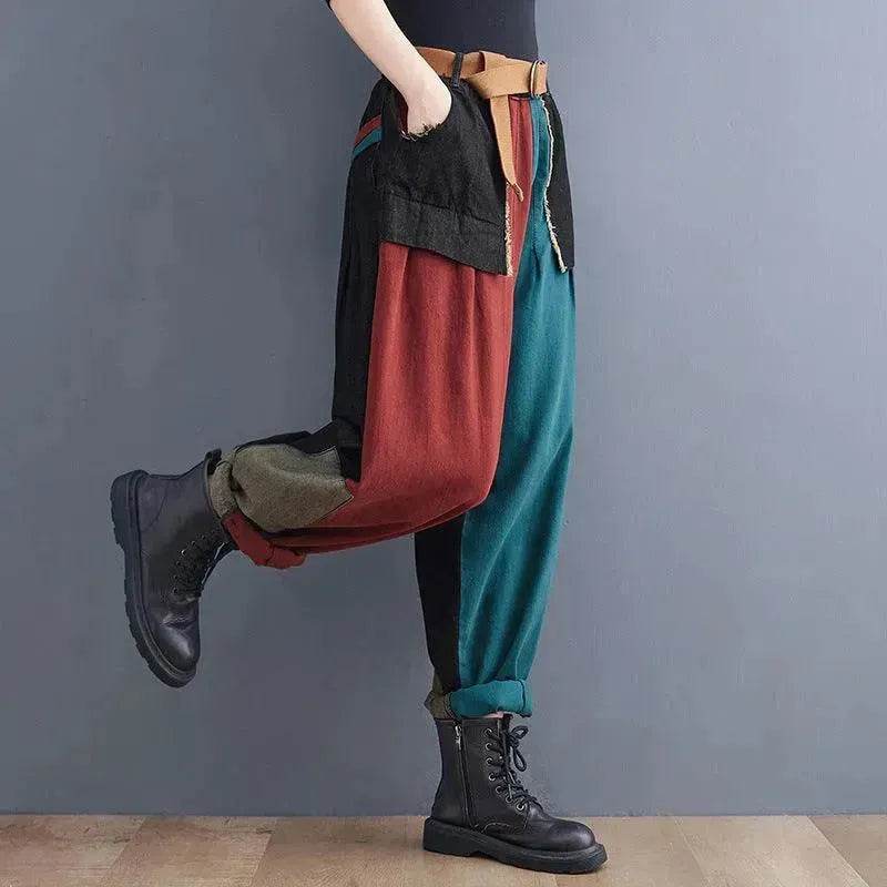 Personality Contrast Color Stitching Denim Trousers For Women - EX-STOCK Canada
