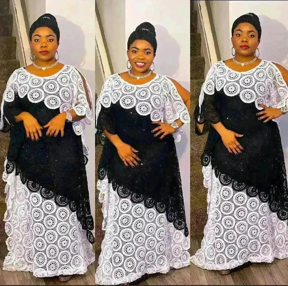 Plus Size Embroidered Lace Loose Multicolor Bat Sleeve Gown Dress - EX-STOCK CANADA