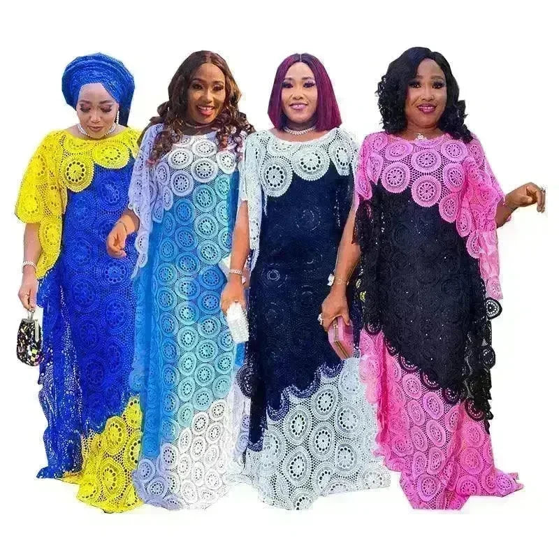 Plus Size Embroidered Lace Loose Multicolor Bat Sleeve Gown Dress - EX-STOCK CANADA