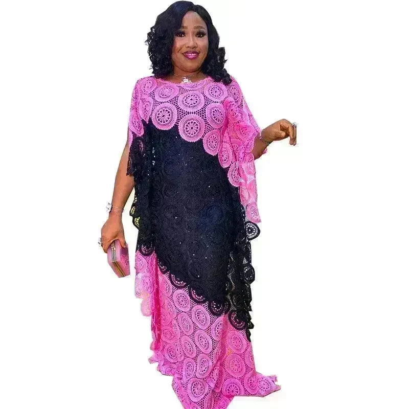 Plus Size Embroidered Lace Loose Multicolor Bat Sleeve Gown Dress - EX-STOCK CANADA
