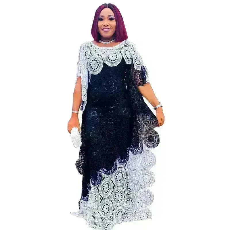 Plus Size Embroidered Lace Loose Multicolor Bat Sleeve Gown Dress - EX-STOCK CANADA