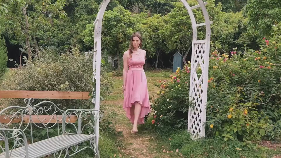 Women's Lace Patchwork Chiffon Dress – Hi-Low Swing A-Line Sleeveless | 8 Colours | XS–3XL