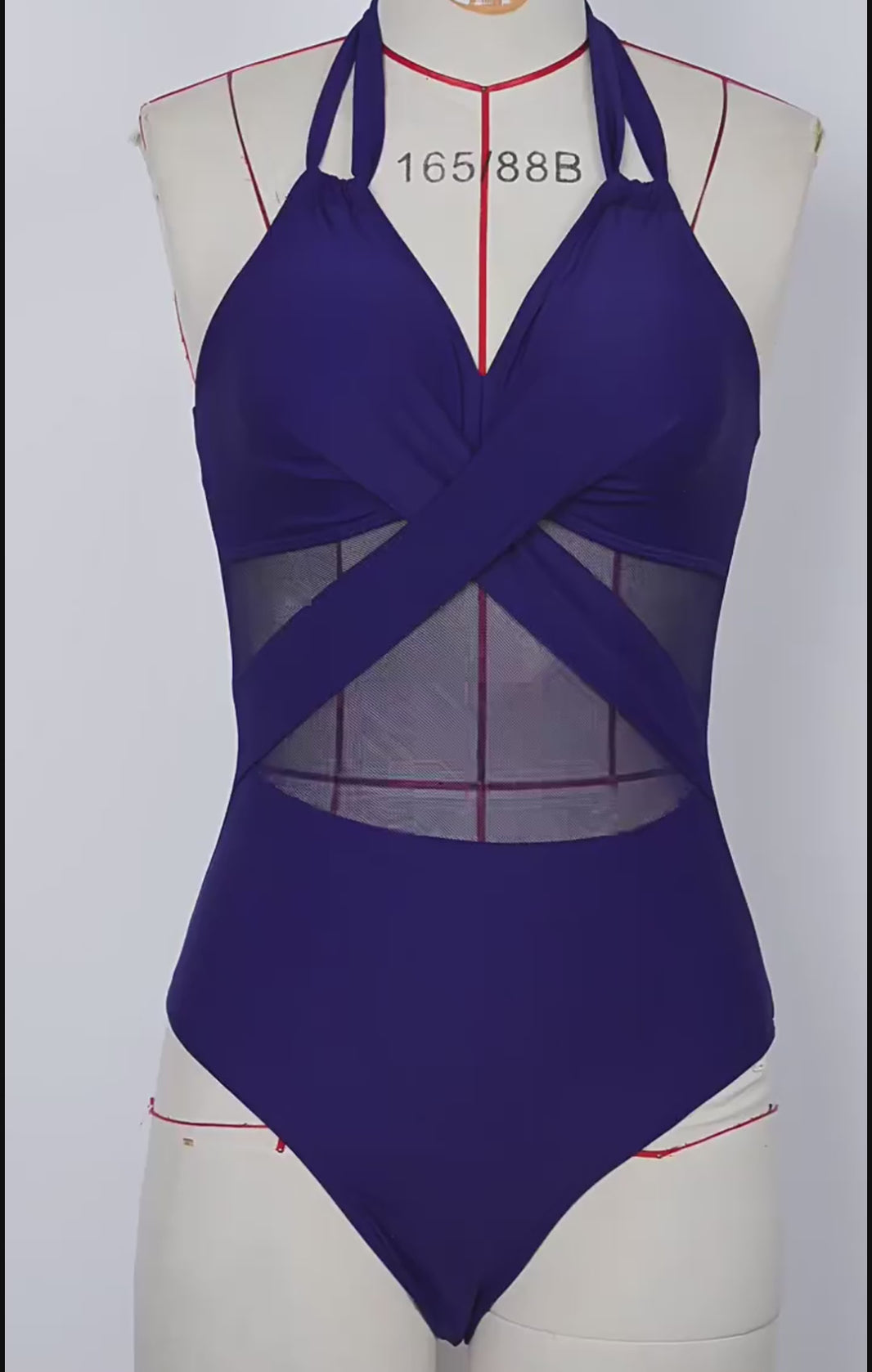 Halter neck One piece Swimsuit Summer Bikini Beach Solid Color Cross-strap Design Mesh