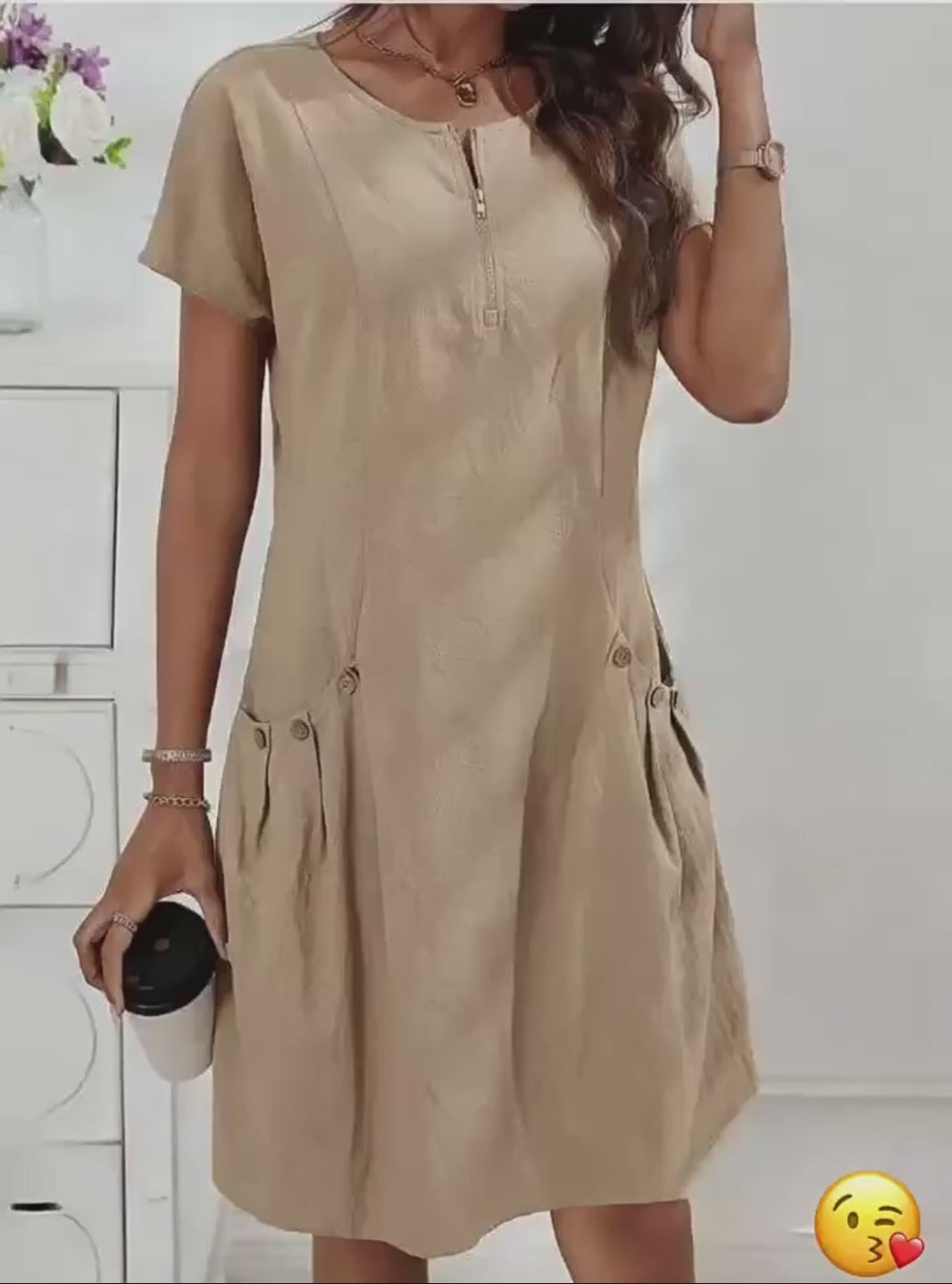 Women's Short-Sleeve Casual Dress with Pockets & Zipper – 12 Colors, S–3XL