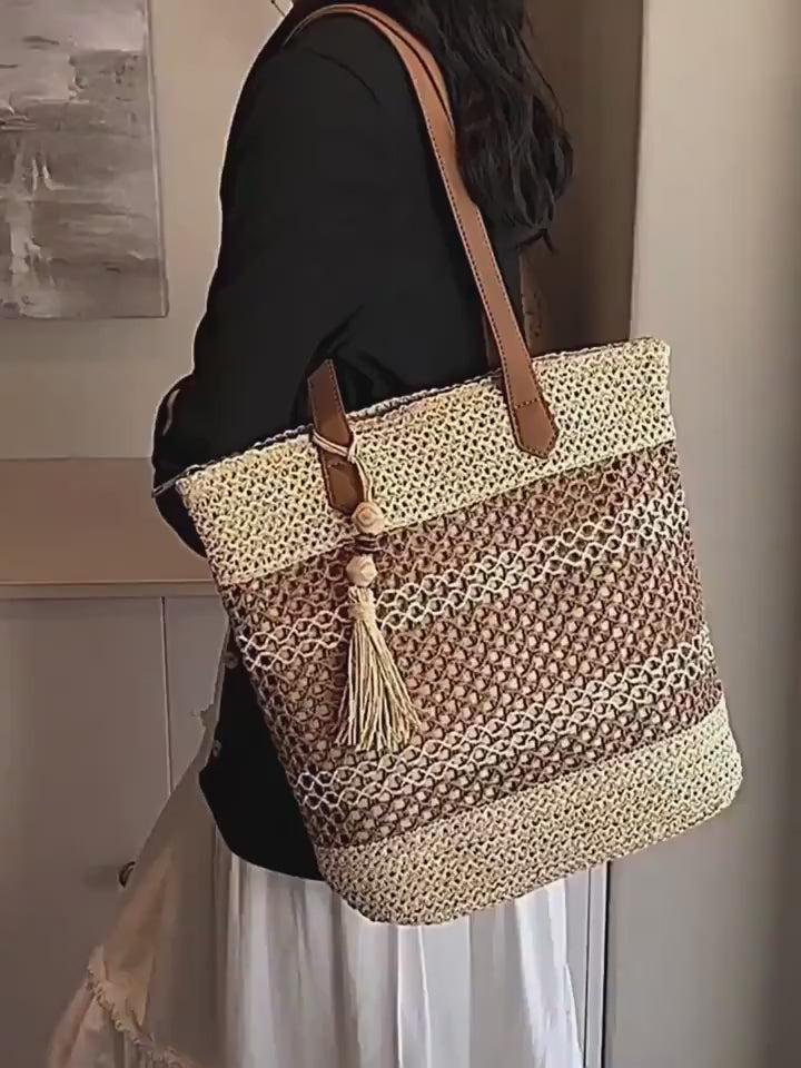 Striped Straw Beach Tote Bag with Tassel – Large Capacity Boho Shoulder Bag | Beige & Brown