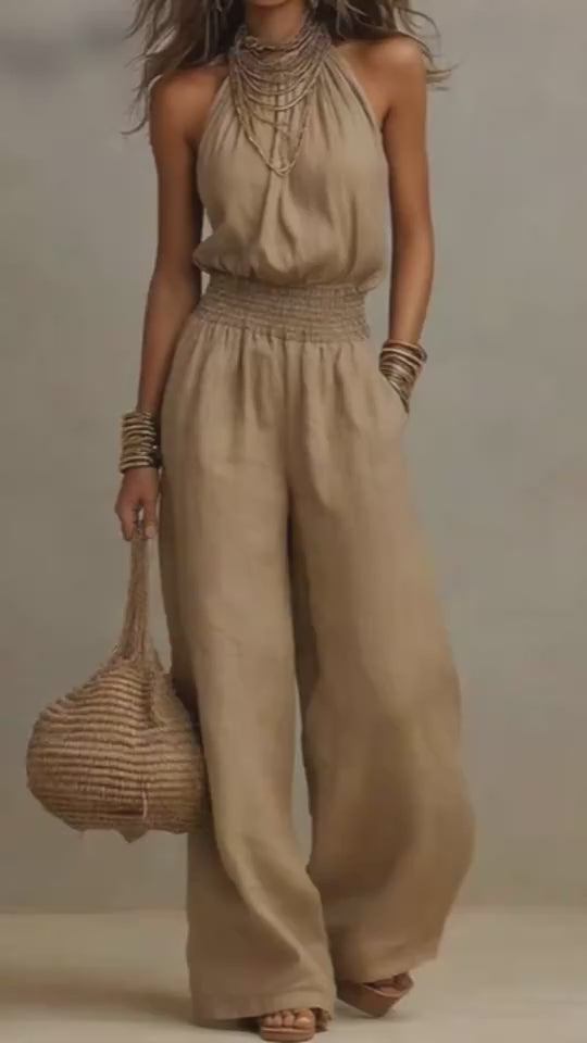 Women's Halter Neck Backless Wide-Leg Jumpsuit | Sleeveless Lace-Up Onesie-1
