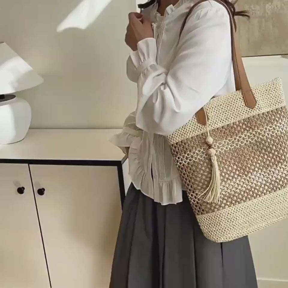 Striped Straw Beach Tote Bag with Tassel – Large Capacity Boho Shoulder Bag | Beige & Brown 3