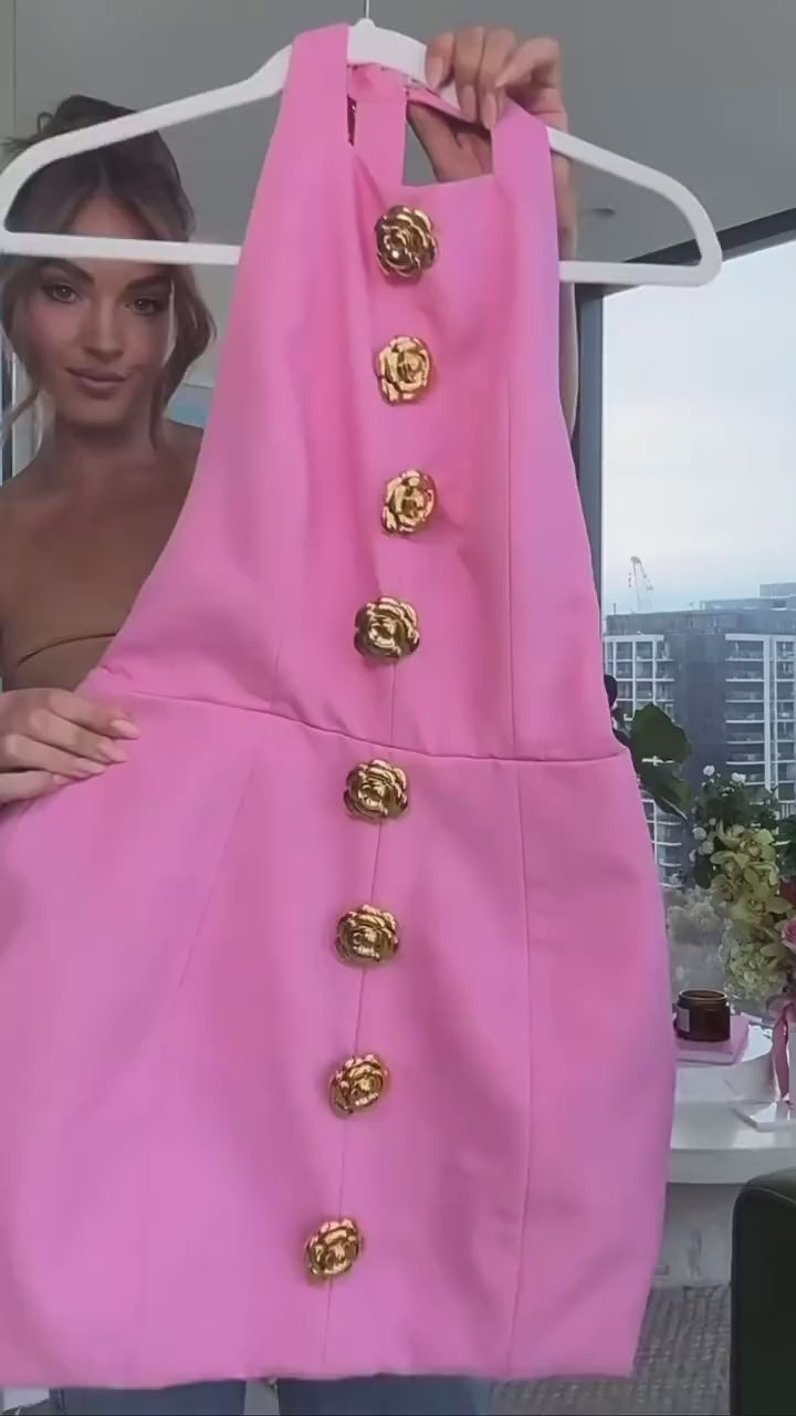 Sweet Sleeveless Backless Dress With Rose Button Design Summer Street Fashion Mini Dresses Women