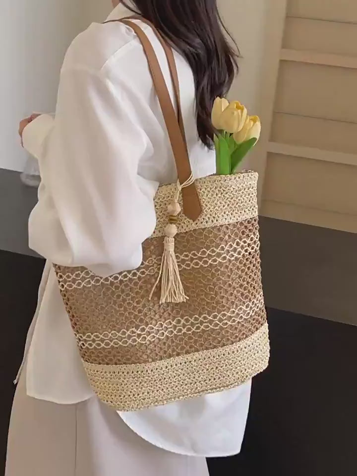 Striped Straw Beach Tote Bag with Tassel – Large Capacity Boho Shoulder Bag | Beige & Brown 2