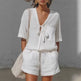 Women's Linen Tie-Front Shirt & Shorts Set – Casual Summer 2-Piece Outfit-1