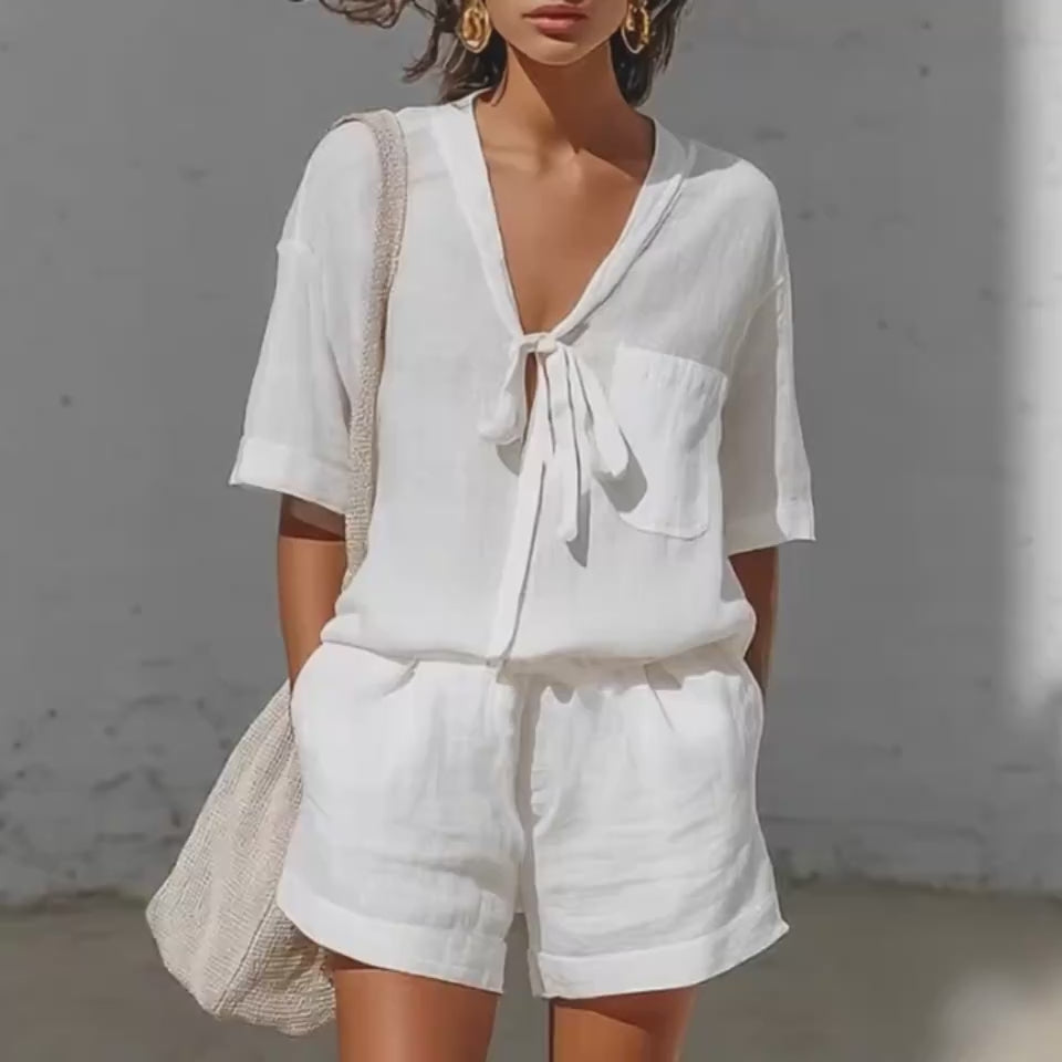 Women's Linen Tie-Front Shirt & Shorts Set – Casual Summer 2-Piece Outfit-1