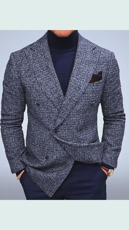 Men's Slim Fit Plaid Double-Breasted Blazer – Business Casual Jacket (2 Colors, S–XXXL)-1