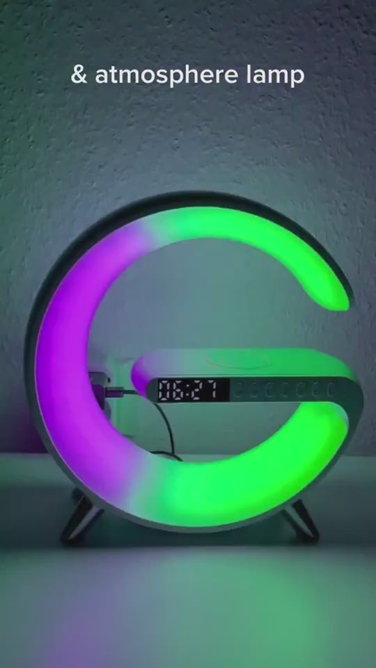 G-Shaped LED Lamp with Bluetooth Speaker & 15W Wireless Charger – App-Controlled Atmosphere Light for Bedroom
