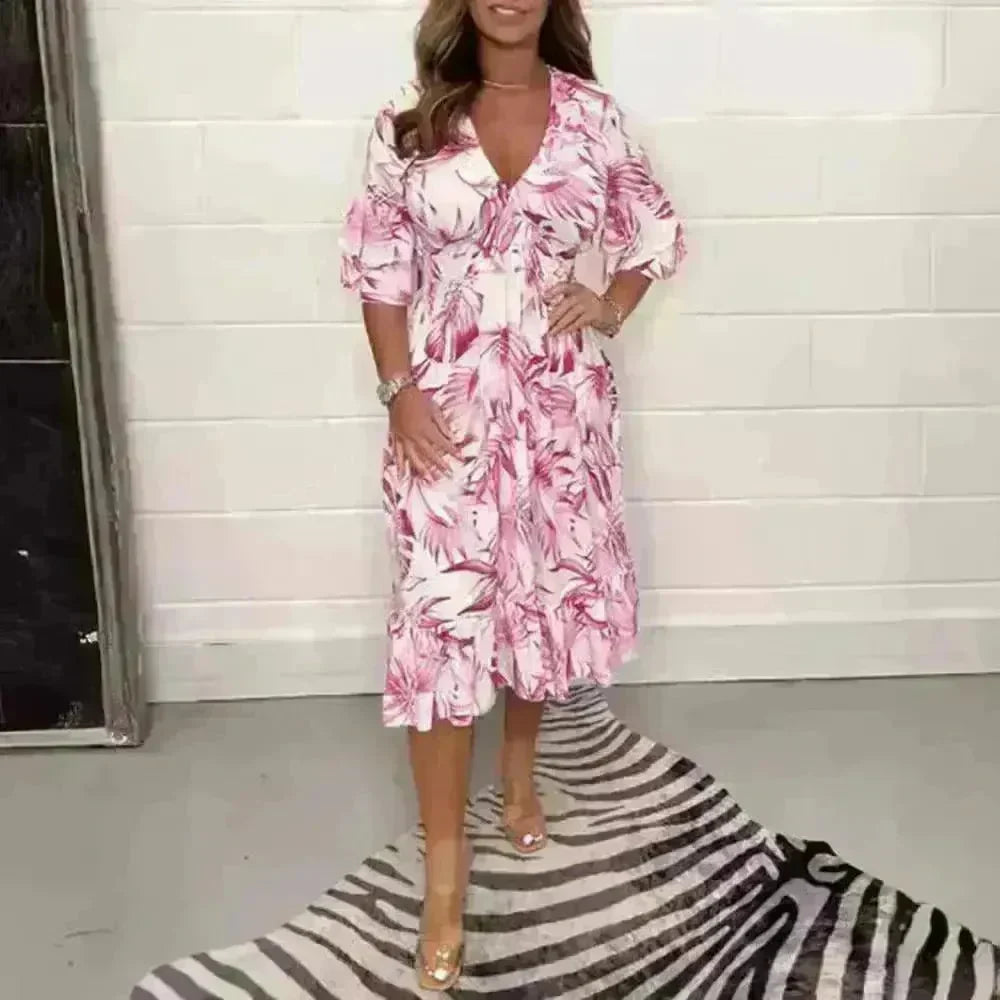 Printed Casual V-neck Long-sleeve Dress Women - EX-STOCK CANADA