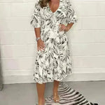 Printed Casual V-neck Long-sleeve Dress Women - EX-STOCK CANADA