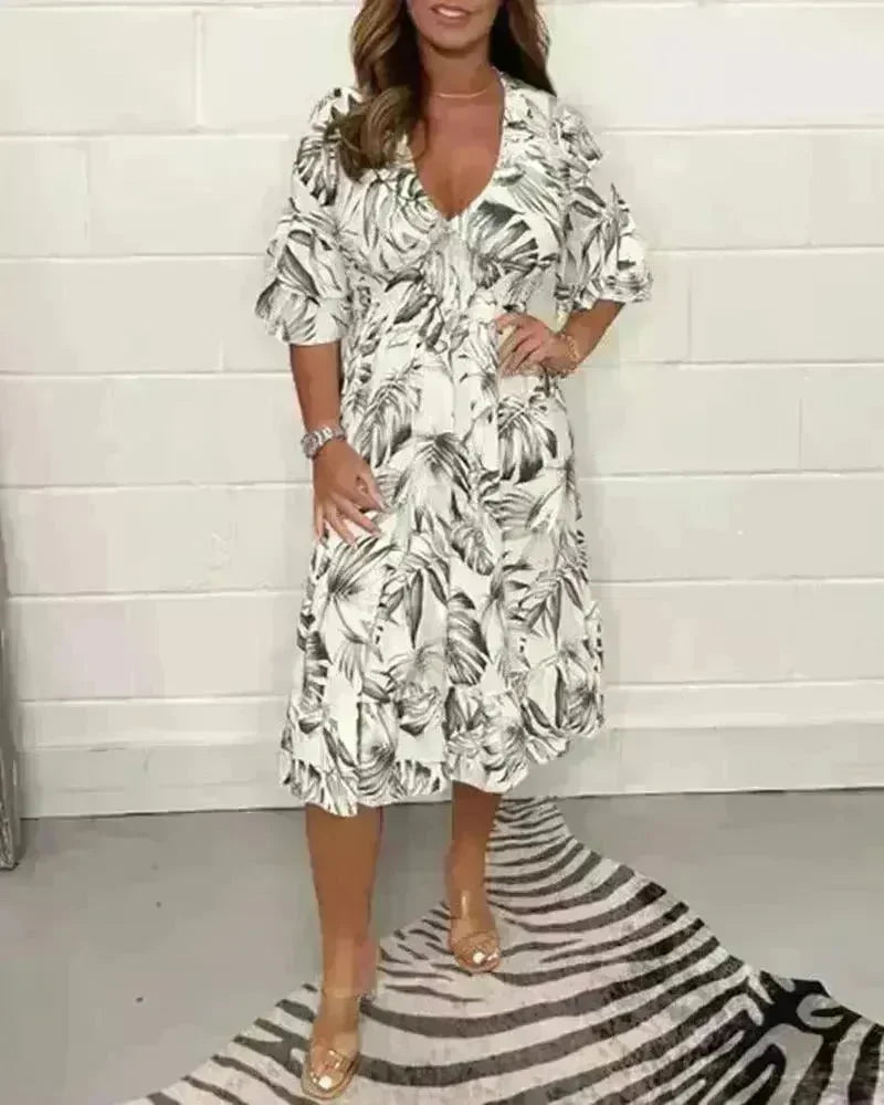 Printed Casual V-neck Long-sleeve Dress Women - EX-STOCK CANADA