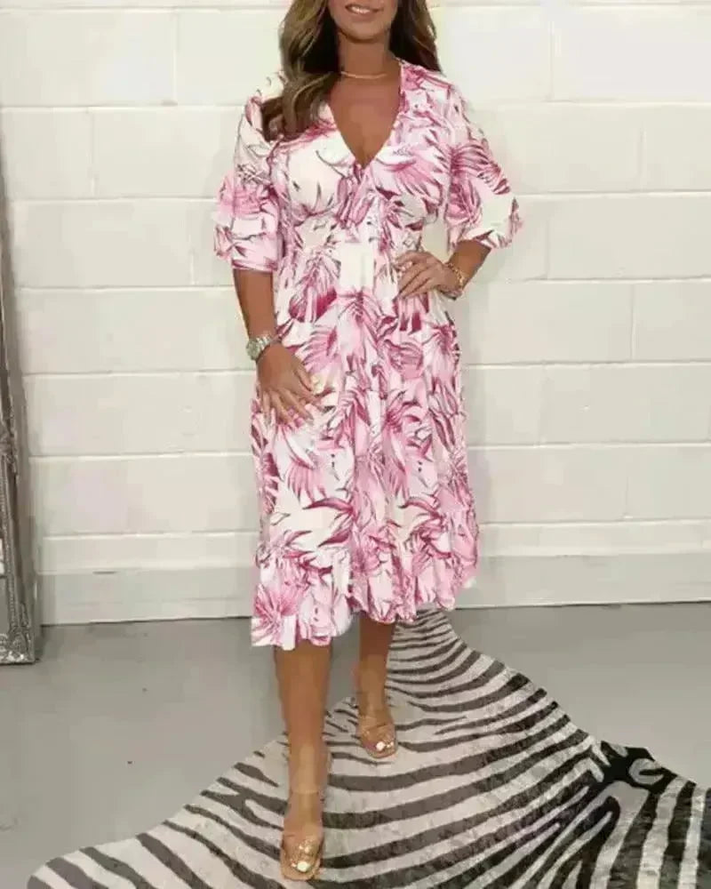 Printed Casual V-neck Long-sleeve Dress Women - EX-STOCK CANADA