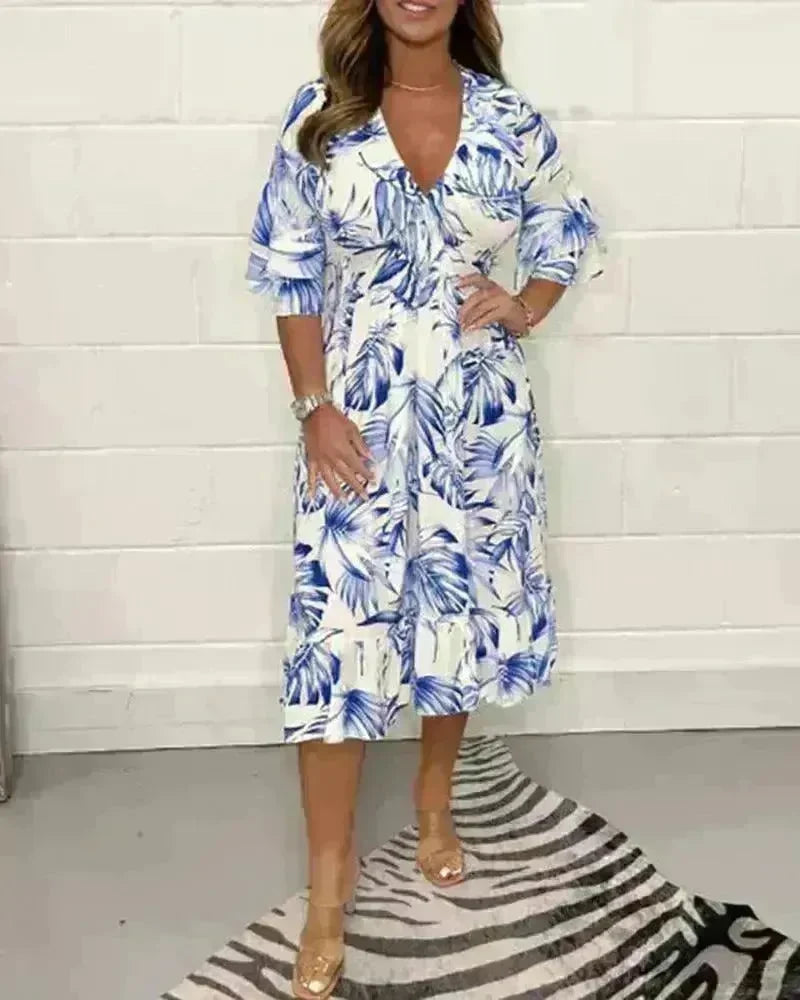 Printed Casual V-neck Long-sleeve Dress Women - EX-STOCK CANADA