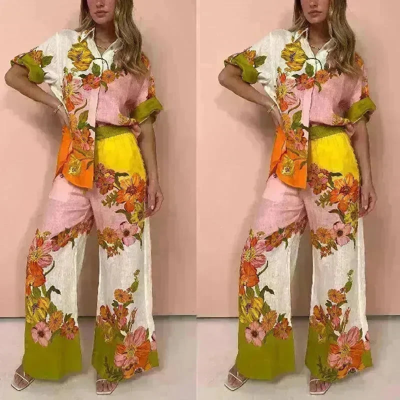 Printed Cotton And Linen Two-piece Suit Outfit Top Wide-leg Pants - EX-STOCK CANADA