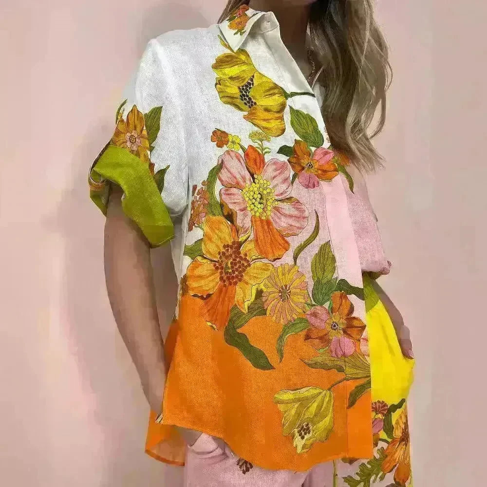 Printed Cotton And Linen Two-piece Suit Outfit Top Wide-leg Pants - EX-STOCK CANADA