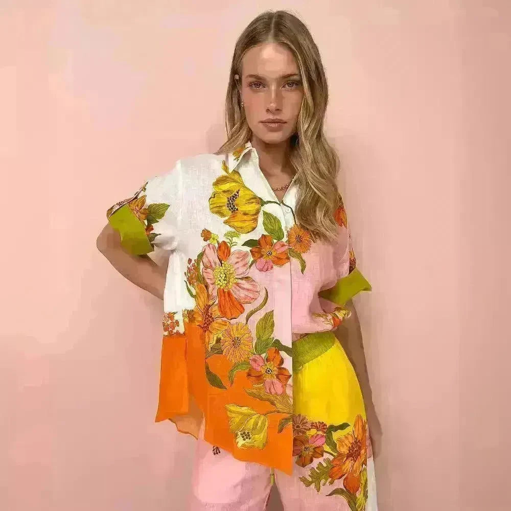 Printed Cotton And Linen Two-piece Suit Outfit Top Wide-leg Pants - EX-STOCK CANADA