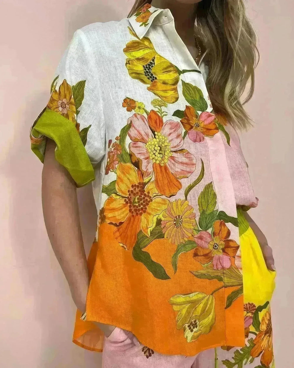 Printed Cotton And Linen Two-piece Suit Outfit Top Wide-leg Pants - EX-STOCK CANADA